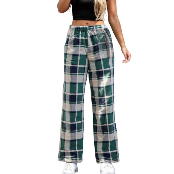 Yuncity Womens Flannel Pajama Pants Print Warm Casual Comfort Loose Long Pants Homewear Bottoms Green Xxl