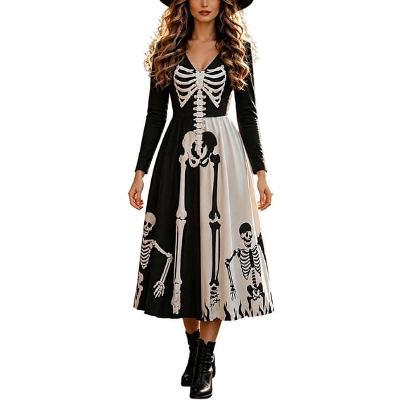 Yuncity Womens Halloween Dresses Long Sleeve V Neck Sugar Skeleton Floral Print A-Line Swing Midi Dress Spooky Cosplay Outdoors Holiday Party Wears Size L Beige