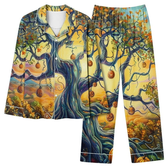 Yuncity Womens Halloween Pajama Ladies' Hallowmas Pantsuit Set Long Sleeve 2 Piece Lapel Button Down Comfy Pajamas Pj Yellow Xxl