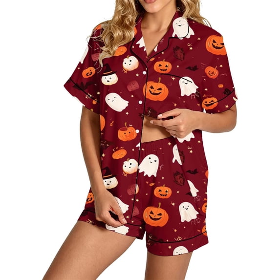 Yuncity Womens Halloween Sleepwear Set Soft Comfort Sets Summer Crewneck Short Sleeve Pumpkin Ghost Print Pjs Fit Lounging 2 Piece Nightwear Size Xl