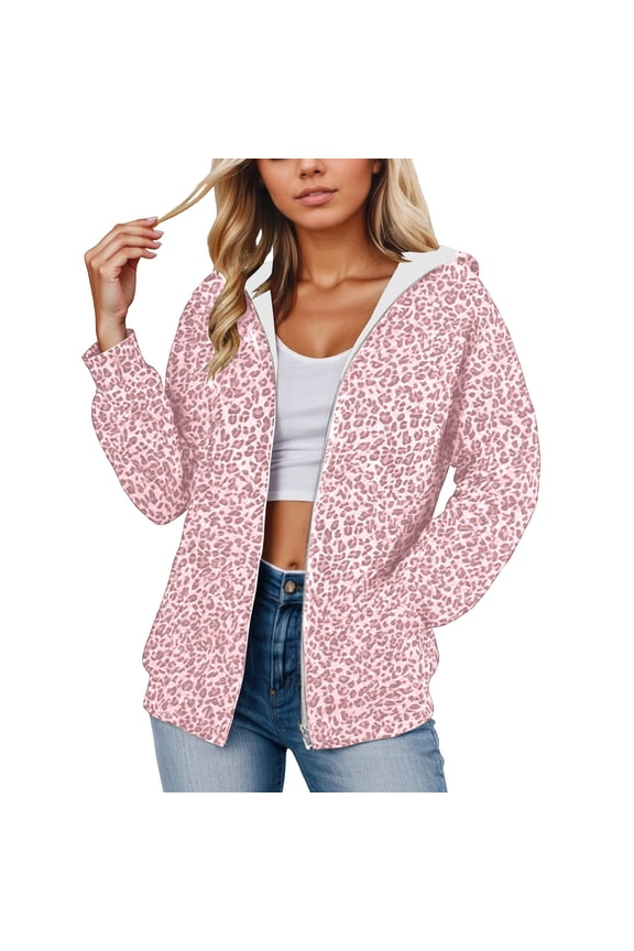 Womens Leopard Print Hoodie Fall Winter Zipper Fleece Pullover Long Sleeve Loose Fit Pockets Sweatshirt Casual Fall Winter Hooded Jacket Size S Pink
