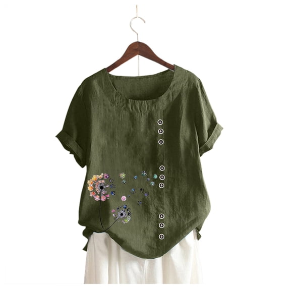 Yuncity Womens Linen Tops Casual Loose Cotton Short Sleeve T-Shirt S-2Xl