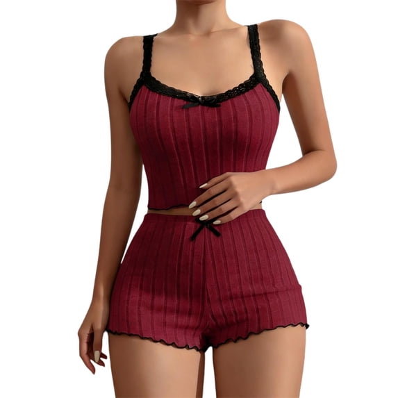 Yuncity Womens Pajama Sets Lace Trim 2 Piece Summer Sleeveless Cami Top With Shorts Pjs Sleepwear Loungewear Nightwear,Size S-Xl Red