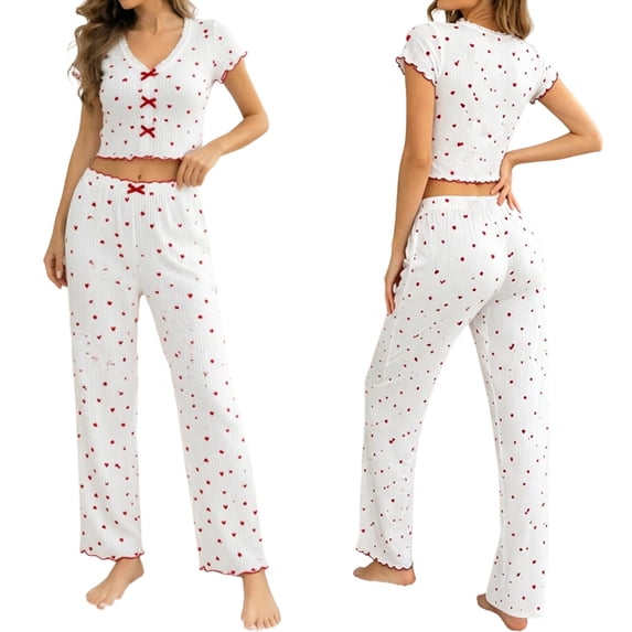 Yuncity Womens Pajamas Knit Slim Fit 2 Piece Heart Print Summer Short Sleeve Crew Neck Top And Pants Pjs Sleepwear Loungewear Nightwear,Size S-Xl Red