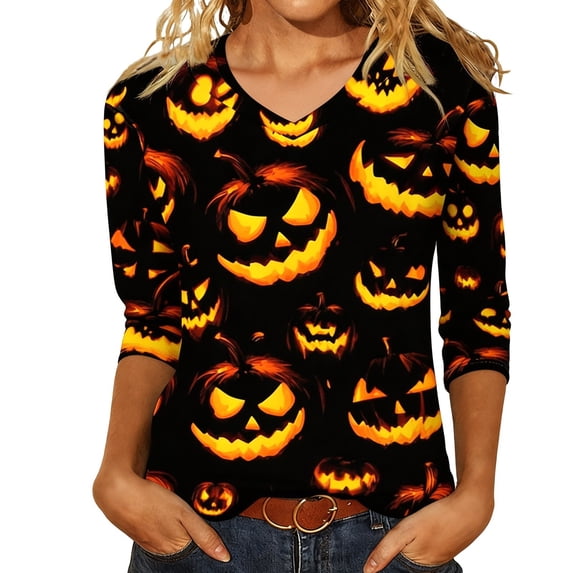 Yuncity Womens Tshirt V Neck 3/4 Sleeve Halloween Pumpkin Graphic Tees Summer Fall Shirts Casual Stylish Outdoor Athletic Tops Size M