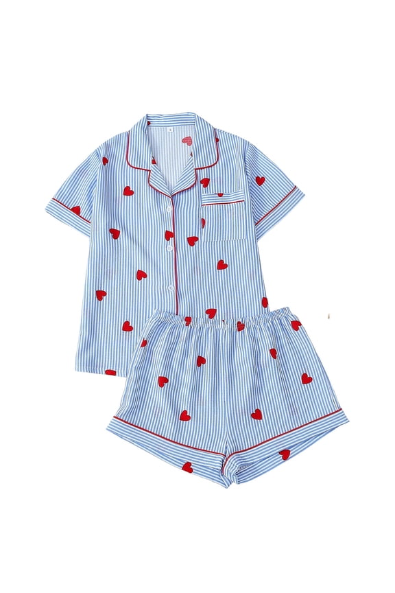 Womens Valentine's Day Pajamas 2 Piece Soft Short Sleeve Heart Print Button Down Tops and Shorts Pjs Nightwear Loungewear for All Seasons Comfort Cute S-Xl