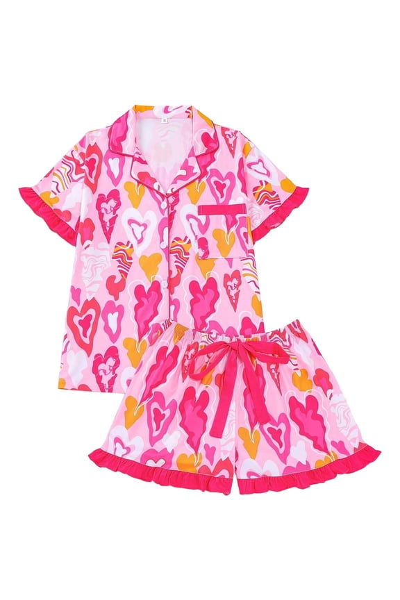 Womens Valentine's Day Pajamas Cozy Seasonal Bow Printed With Lapel Short Sleeves Shorts Relaxed Comfort Official Pjs Sleepwear Pink L