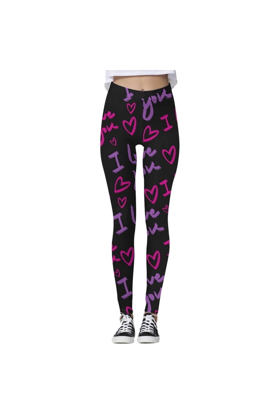 Womens Valentines Leggings Cute Holidays Love Heart Print Funny Graphic High Waist Tights Yoga Pants For Workout Running Athletic Women's Leggings S-Xxl Black
