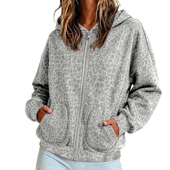 Yuncity Womens Zip Up Hoodie Leopard Print Fleece Pullover Long Sleeve Loose Fit Pockets Sweatshirt Casual Fall Winter Hooded Jacket Size S Grey