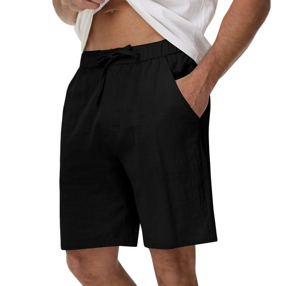 Yundobop Men's Linen Shorts Casual Classic Beach Shorts Elastic Waist Drawstring Summer Shorts Black-S