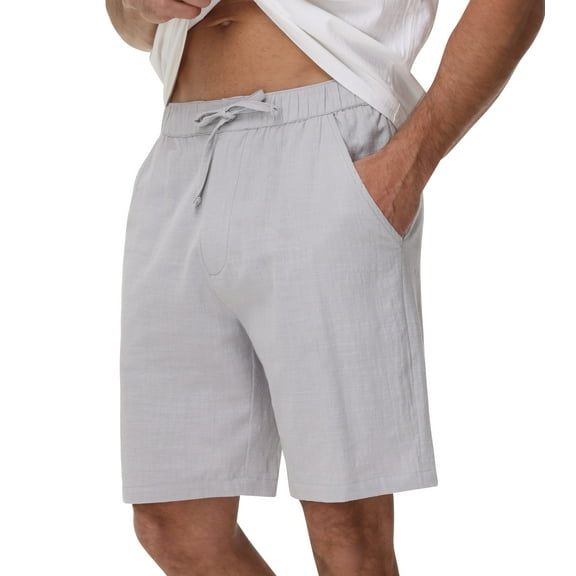 Yundobop Men's Linen Shorts Casual Classic Beach Shorts Elastic Waist Drawstring Summer Shorts Grey-L