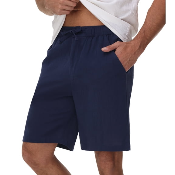 Yundobop Men's Linen Shorts Casual Classic Beach Shorts Elastic Waist Drawstring Summer Shorts Navy-L
