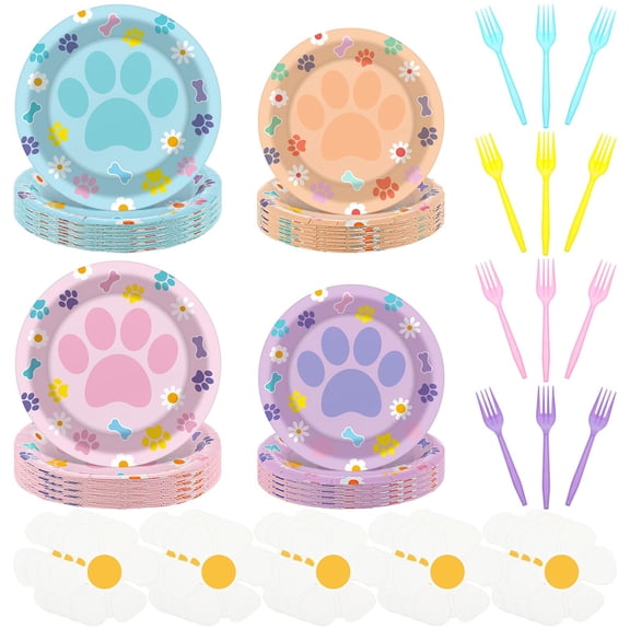 Yungyan 96 Pcs Blue Dog Birthday Party Plates and Napkins Set Pink Blue Plates Daisy Flower Napkins Dog Paw Tableware for Baby Shower Puppy Theme Birthday Party Supplies Y114