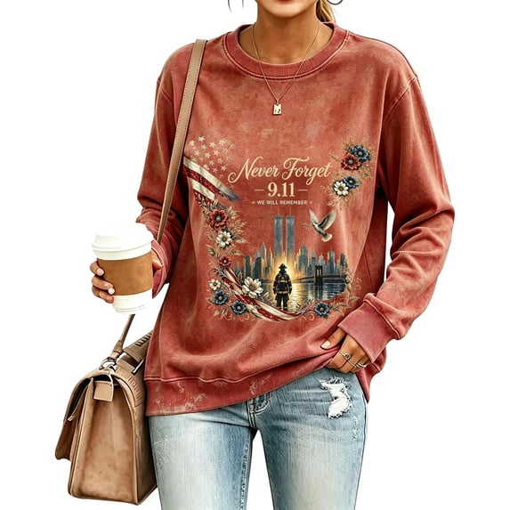 Yungyresw 9 11 Never Forget Graphic Crewneck Sweatshirt Women Casual Loose Long Sleeve Vintage Letter Print Pullover Fall Streetwear Top