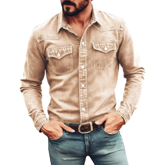 Yungyresw Denim Shirt Men Vintage Washed Casual Button Down Shrits Relaxed Fit Long Sleeve Workwear Shirt for Weekend