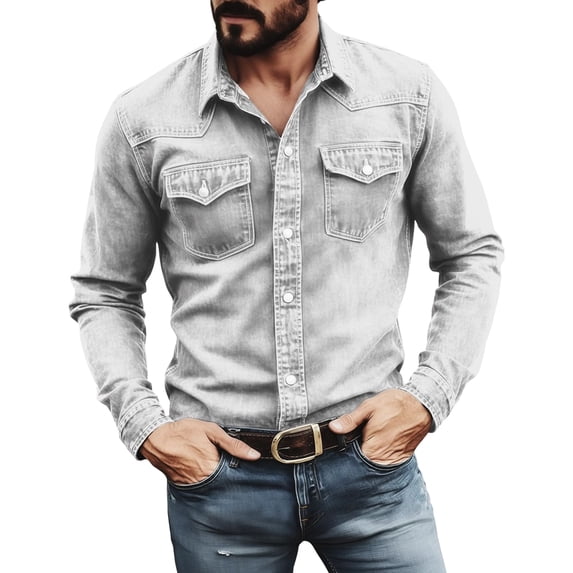 Yungyresw Denim Shirt Men Vintage Washed Casual Button Down Shrits Relaxed Fit Long Sleeve Workwear Shirt for Weekend
