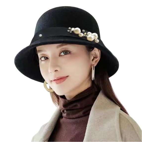 Yungyresw Fashion Cloche Hat For Women Vintage Felt Design Elegant Bucket Hats Short Brimmed Round Top Stylish Casual Cap Black