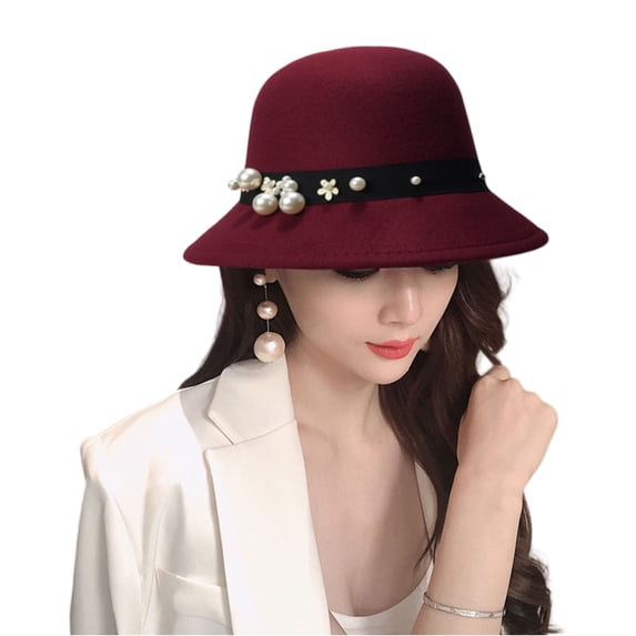 Yungyresw Fashion Cloche Hat For Women Vintage Felt Design Elegant Bucket Hats Short Brimmed Round Top Stylish Casual Cap Wine