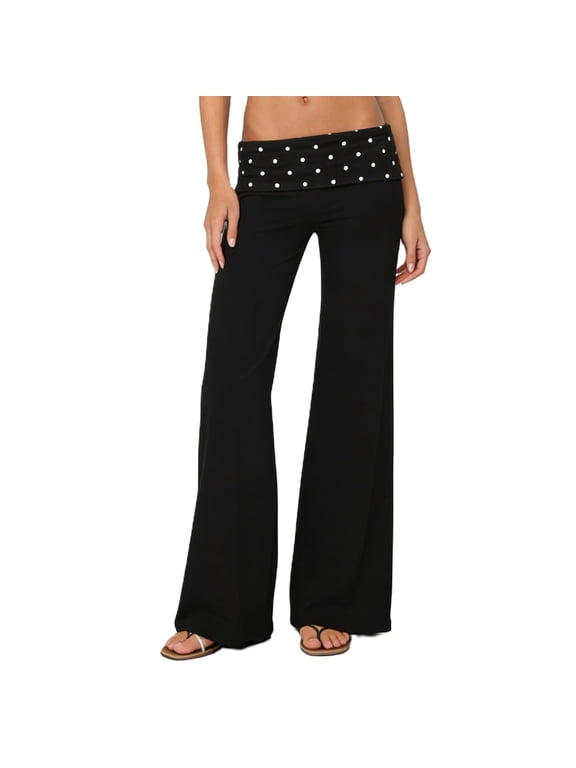 Flared Leg Yoga Pants For Women Polka Dot Fold Over Waist Lounge Pants Gym Workout Athletic Trousers Trendy Streetwear Black S