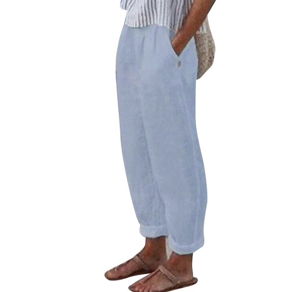 Yungyresw Linen Pants Women Solid Color Loose Wide Leg High Waisted Pants, Temperament Cotton Linen Straight Casual Pants with Pocket, Palazzo Pants for Women Light Blue M