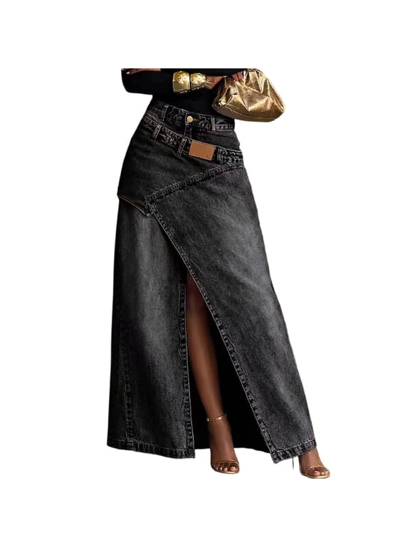 Long Denim Skirts For Women Stretch Split Hem Relaxed Fit Asymmetrical Jean Skirt Y2K Streetwear Winter Clothing L
