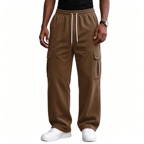 Yungyresw Men's Baggy Cargo Pants Casual Wide Leg Drawstring Corduroy Joggers Pants Multi Pockets Streetwear Fall Winter Clothing Brown L