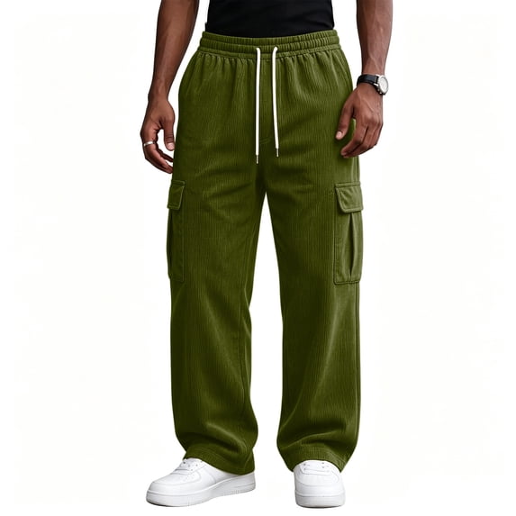 Yungyresw Men's Baggy Cargo Pants Casual Wide Leg Drawstring Corduroy Joggers Pants Multi Pockets Streetwear Fall Winter Clothing Deep Green L
