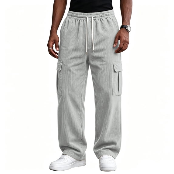Yungyresw Men's Baggy Cargo Pants Casual Wide Leg Drawstring Corduroy Joggers Pants Multi Pockets Streetwear Fall Winter Clothing Light Gray 2XL