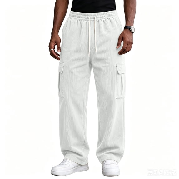 Yungyresw Men's Corduroy Pants Straight Leg Relaxed Fit Casual Cargo Pants With Multi Pockets Drawstring Y2K Work Trousers White XL