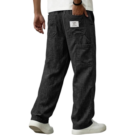 Yungyresw Men's Solid Linen Casual Pants Breathable Lightweight Athletic Trousers With Multi Pockets Relaxed Fit Work Trousers Black L