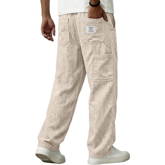 Yungyresw Men's Solid Linen Casual Pants Breathable Lightweight Athletic Trousers With Multi Pockets Relaxed Fit Work Trousers Khaki L