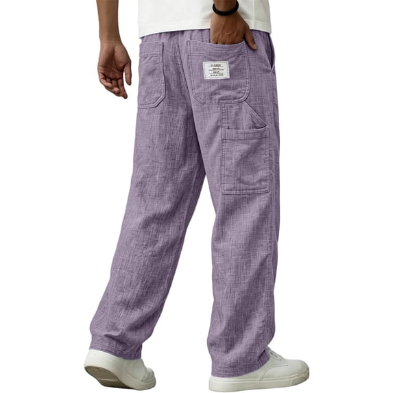 Yungyresw Men's Solid Linen Casual Pants Breathable Lightweight Athletic Trousers With Multi Pockets Relaxed Fit Work Trousers Purple XL