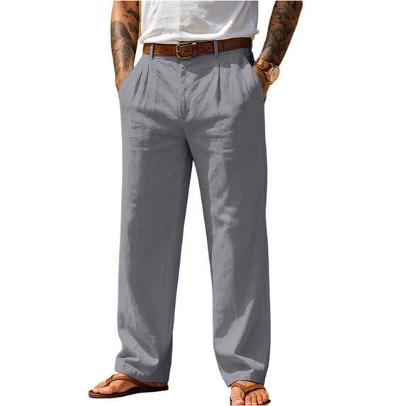 Yungyresw Mens Casual Pants Solid Elastic Waist Loose Fit Straight Leg Slacks Daily Office Work Lightweight Pants With Pocket NO Belt Gray 2XL