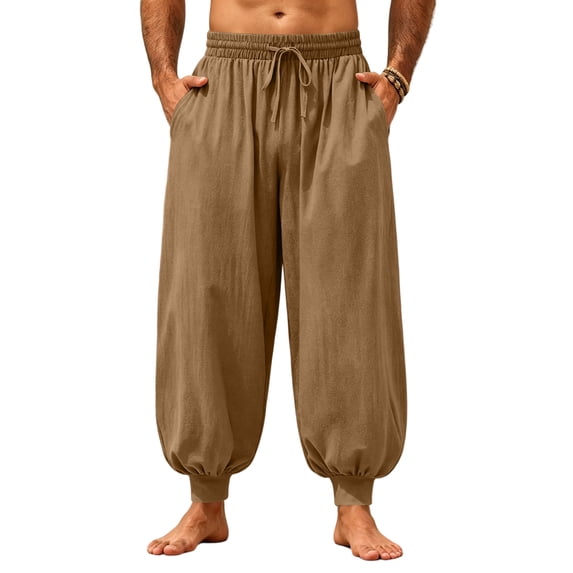 Yungyresw Mens Harem Pants Casual Drawstring Waist Baggy Wide Leg Jogger Pants Fall Outdoor Running Workout Athletic Trousers Brown XL