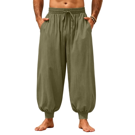 Yungyresw Mens Harem Pants Casual Drawstring Waist Baggy Wide Leg Jogger Pants Fall Outdoor Running Workout Athletic Trousers Deep Green L