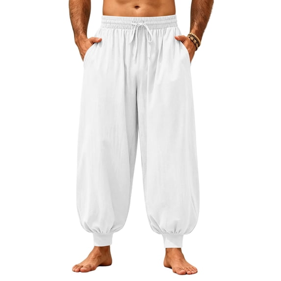 Yungyresw Mens Harem Pants Casual Drawstring Waist Baggy Wide Leg Jogger Pants Fall Outdoor Running Workout Athletic Trousers White XL