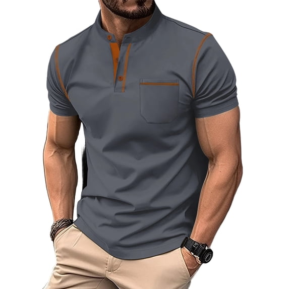 Yungyresw Mens Polo Shirt Short Sleeve Henley Collar Shirt Contrast Color Trim Pocket Polos for Summer Tops