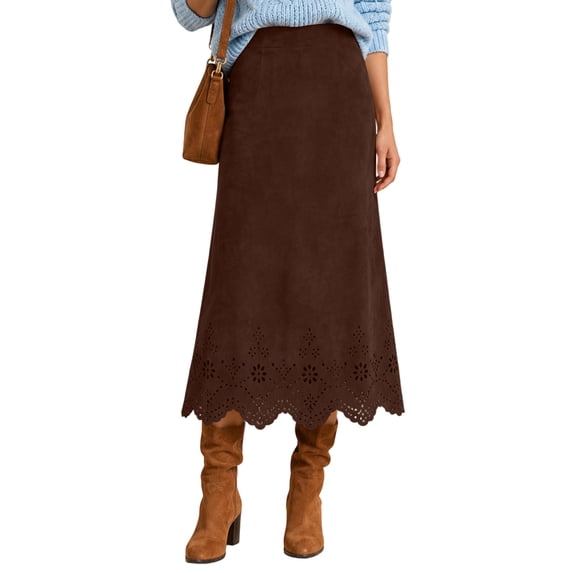 Yungyresw Midi Skirts For Women High Waisted Solid Hollow Floral Hem Fall Skirts Retro Style Soft Fabric Comfy A Line Dress 2XL