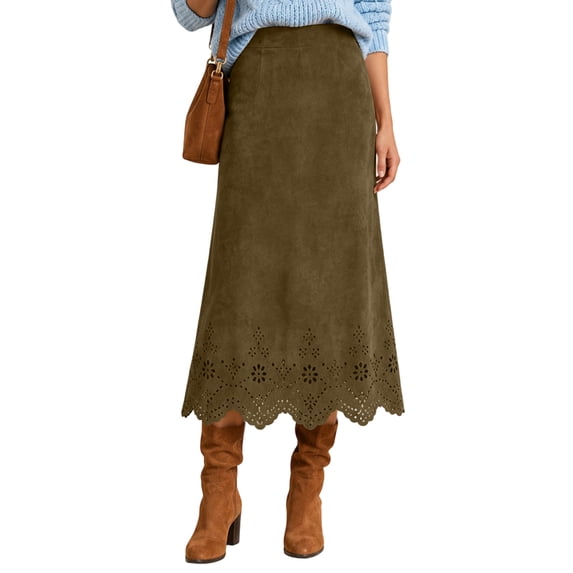 Yungyresw Midi Skirts For Women High Waisted Solid Hollow Floral Hem Fall Skirts Retro Style Soft Fabric Comfy A Line Dress L