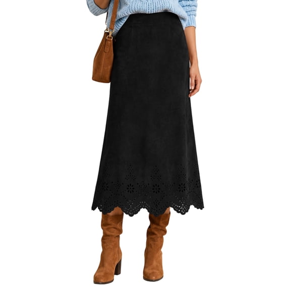 Yungyresw Midi Skirts For Women High Waisted Solid Hollow Floral Hem Fall Skirts Retro Style Soft Fabric Comfy A Line Dress M
