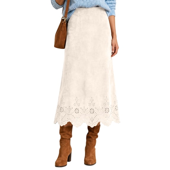 Yungyresw Midi Skirts For Women High Waisted Solid Hollow Floral Hem Fall Skirts Retro Style Soft Fabric Comfy A Line Dress XL
