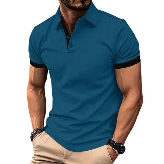 Yungyresw Polo Shirt for Men Slim Fit Short Sleeve Polo Contrast Trim Button Placket T-Shirt for Summer Wear Casual