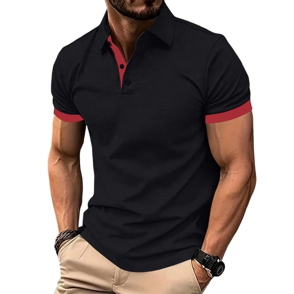 Yungyresw Polo Shirt for Men Slim Fit Short Sleeve Polo Contrast Trim Button Placket T-Shirt for Summer Wear Casual