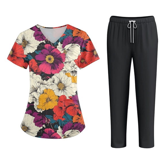 Yungyresw Scrubs for Women Set Floral Print V-Neck Short Sleeve Scrub Top & Pant Plus Size Nurse Shirt Soft Nurse Uniform with Pockets