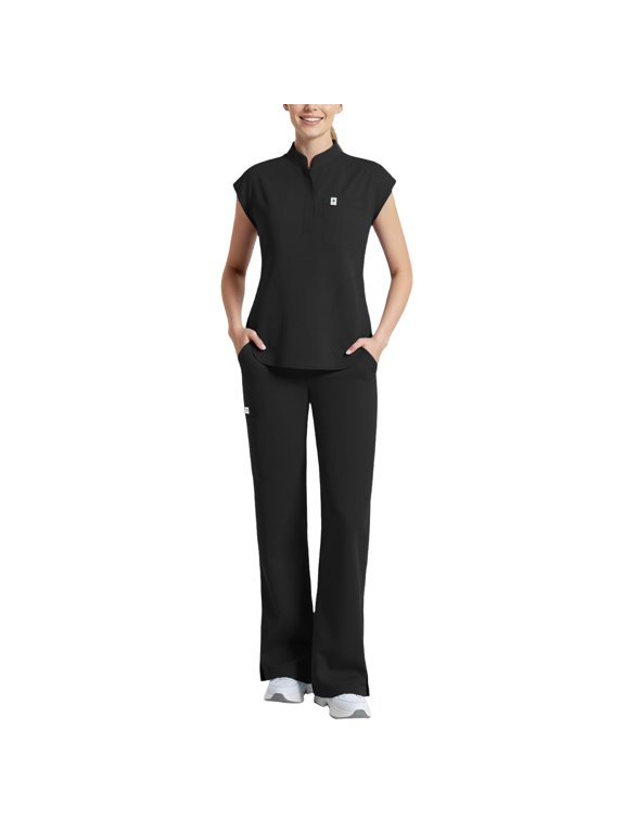 Scrubs for Women Sleeveless Stand Collar Top & Straight Leg Cut Pant Breathable Professional 11-Pocket Medical Uniform Scrub Set