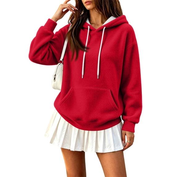 Yungyresw Solid Color Sweatshirs for Women Drawstring Hoodie Ribbed Hem Long Sleeve Pullover Oversized Fit Kangaroo Pocket Winter Layering
