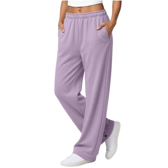 Yungyresw Straight Leg Sweatpants Womens Wide Leg Baggy Casual Athletic Pants Elastic Waist Solid Color Trendy Fall Clothes Light Purple 3XL