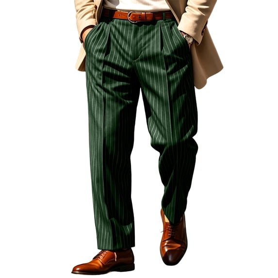 Yungyresw Striped Dress Pants For Men Pleated Straight Leg Office Work Pants Relaxed Fit Classic Formal Trousers Fall Winter Outfit Dark Green M