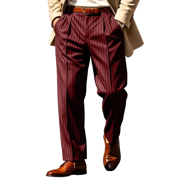 Yungyresw Striped Dress Pants For Men Pleated Straight Leg Office Work Pants Relaxed Fit Classic Formal Trousers Fall Winter Outfit Wine 3XL