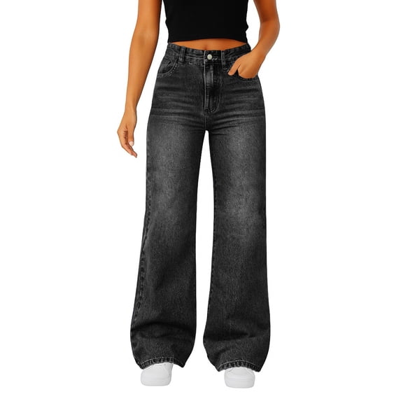 Yungyresw Women Wide Leg Jeans Y2K Loose Fit Wide Leg High Waisted Baggy Denim Pants Outdoor Fashion Casual Streetwear Black L